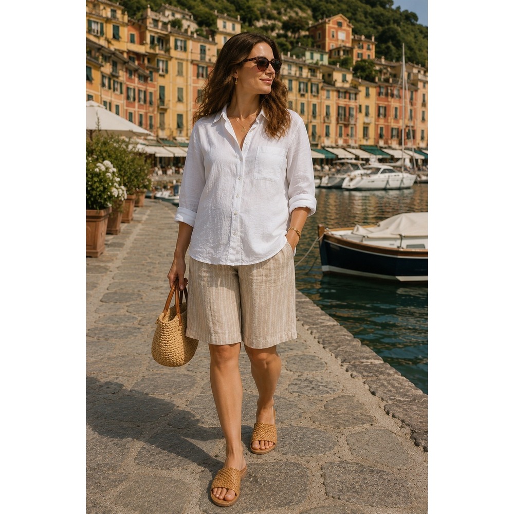 Maternal America Maternity Linen Blend Pinstripe Bermuda Shorts Tan White NWT S